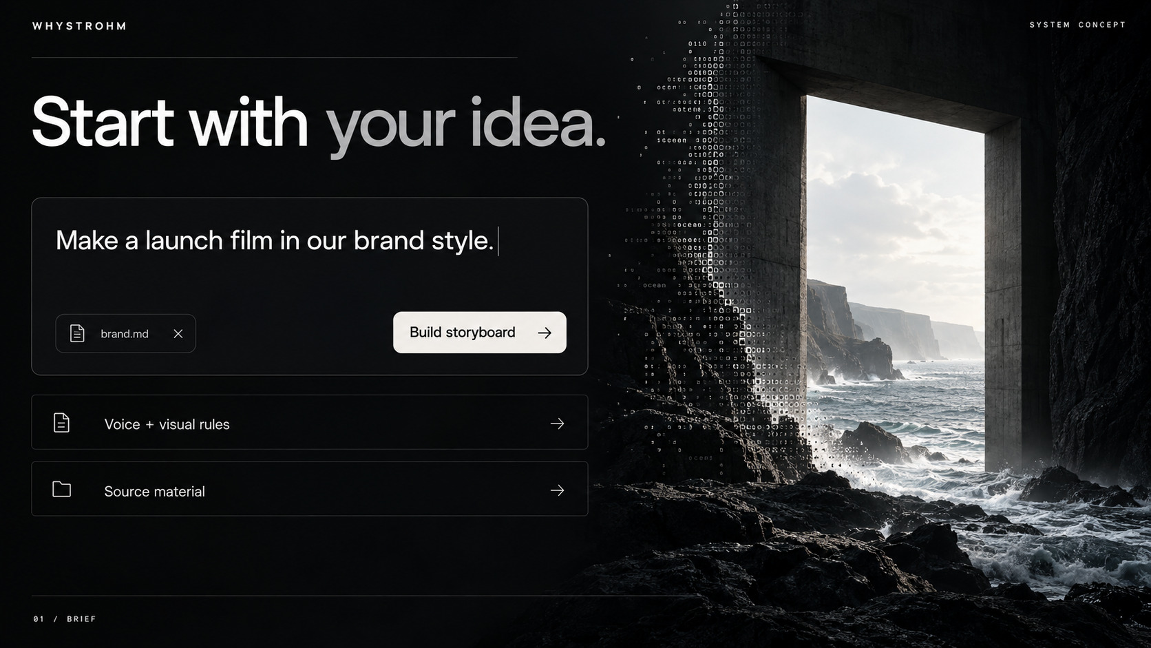 A brief box reading Make a launch film in our brand style, with a brand file attached, beside a concrete doorway on a sea cliff.