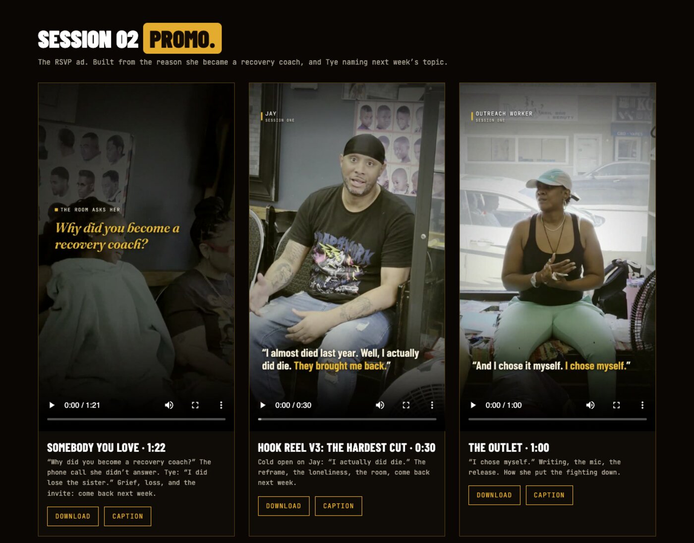 The Session One delivery hub: every finished video playable with a download button and a ready-to-post caption
