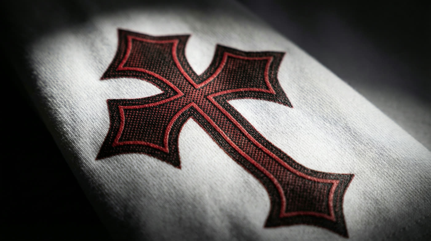 Macro detail — red cross sleeve patch